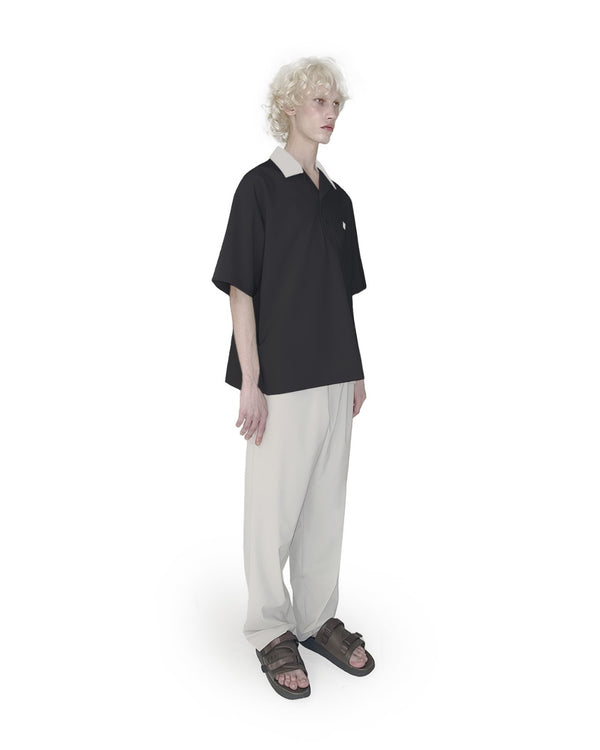 Open collar bowling shirt - Charcoal X Greige FUMITO GANRYU OFFICIAL STORE